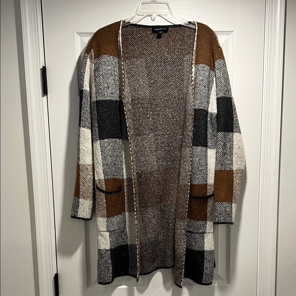 Fortune + Ivy Women’s Plaid Open Front Sweater, large